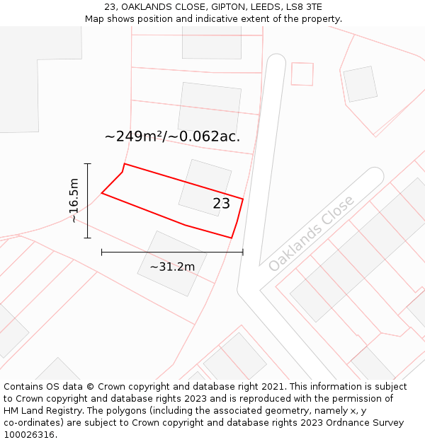 23, OAKLANDS CLOSE, GIPTON, LEEDS, LS8 3TE: Plot and title map