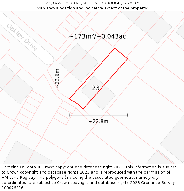 23, OAKLEY DRIVE, WELLINGBOROUGH, NN8 3JY: Plot and title map