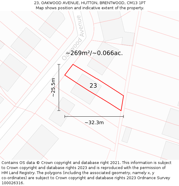 23, OAKWOOD AVENUE, HUTTON, BRENTWOOD, CM13 1PT: Plot and title map