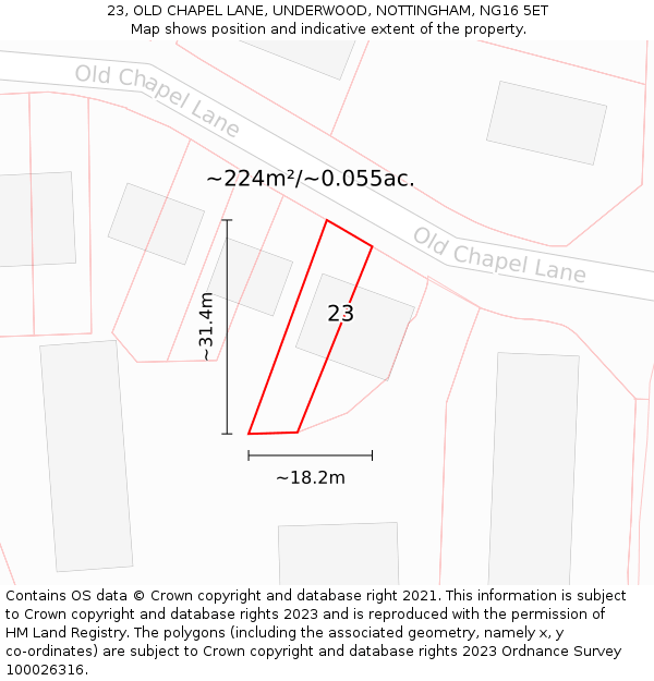 23, OLD CHAPEL LANE, UNDERWOOD, NOTTINGHAM, NG16 5ET: Plot and title map