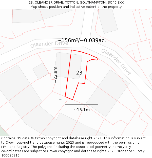 23, OLEANDER DRIVE, TOTTON, SOUTHAMPTON, SO40 8XX: Plot and title map