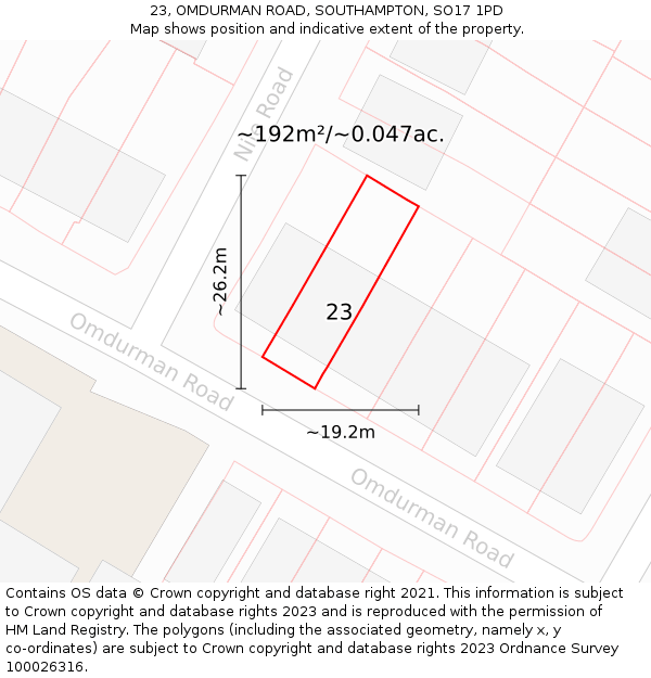 23, OMDURMAN ROAD, SOUTHAMPTON, SO17 1PD: Plot and title map