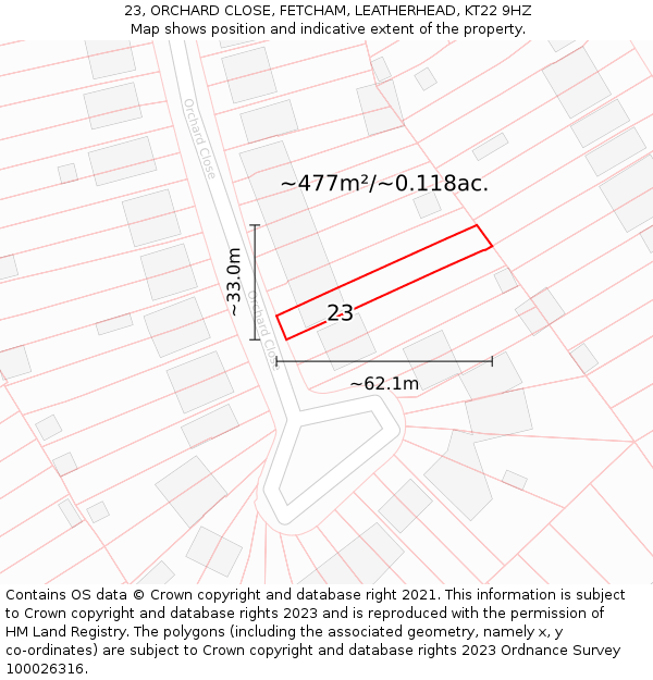 23, ORCHARD CLOSE, FETCHAM, LEATHERHEAD, KT22 9HZ: Plot and title map