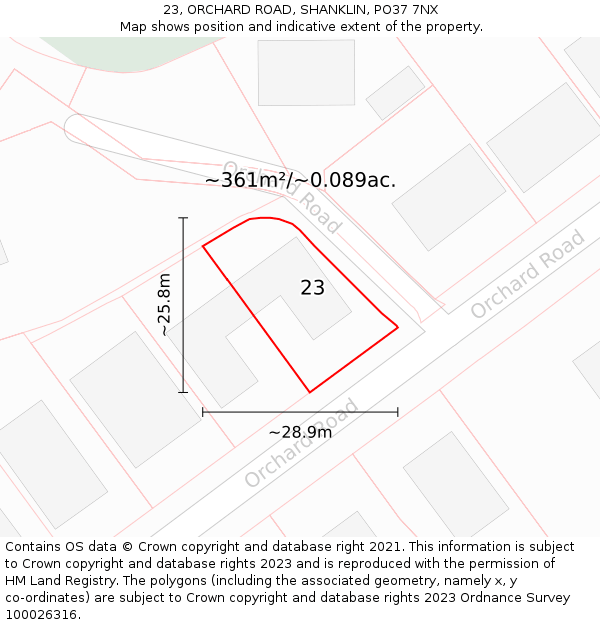 23, ORCHARD ROAD, SHANKLIN, PO37 7NX: Plot and title map