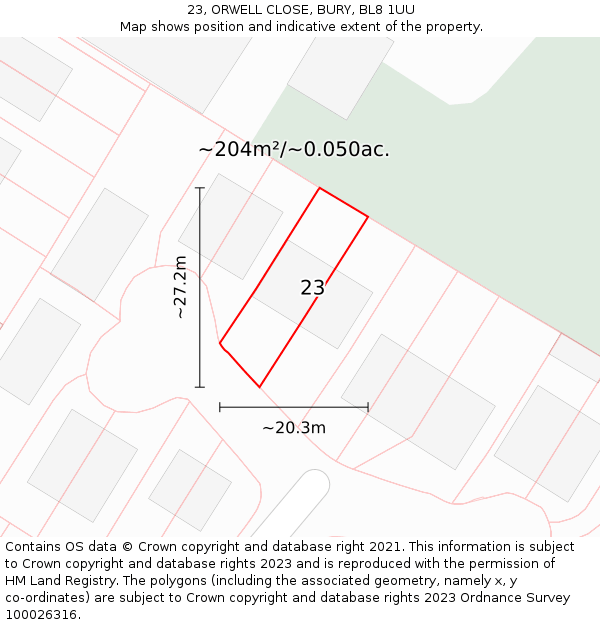 23, ORWELL CLOSE, BURY, BL8 1UU: Plot and title map