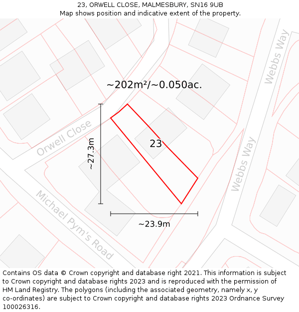 23, ORWELL CLOSE, MALMESBURY, SN16 9UB: Plot and title map