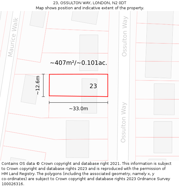 23, OSSULTON WAY, LONDON, N2 0DT: Plot and title map