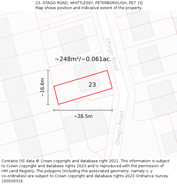 23, OTAGO ROAD, WHITTLESEY, PETERBOROUGH, PE7 1YJ: Plot and title map