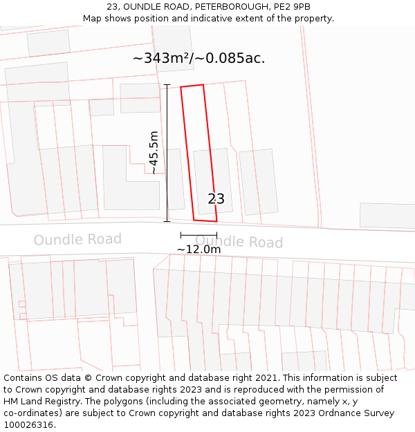 23, OUNDLE ROAD, PETERBOROUGH, PE2 9PB: Plot and title map