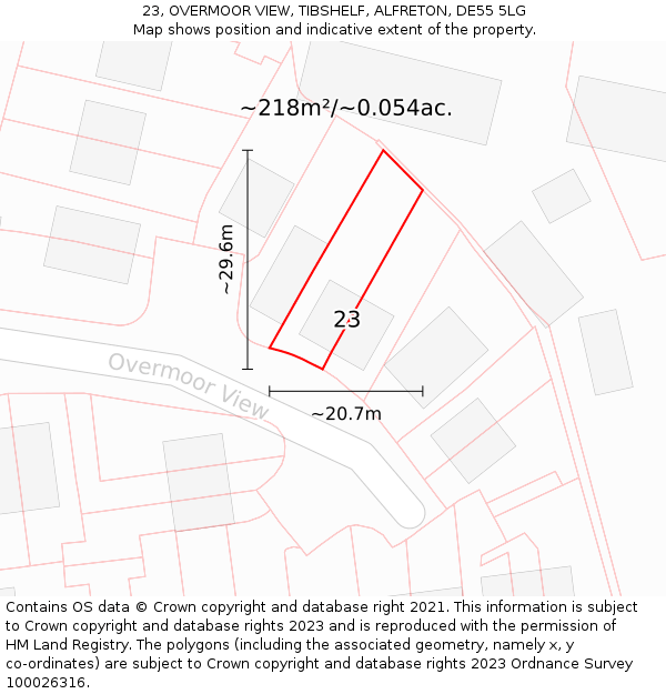 23, OVERMOOR VIEW, TIBSHELF, ALFRETON, DE55 5LG: Plot and title map