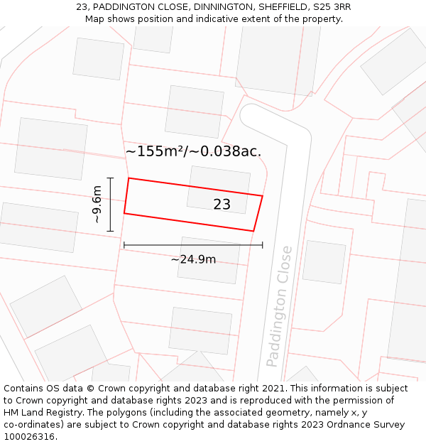 23, PADDINGTON CLOSE, DINNINGTON, SHEFFIELD, S25 3RR: Plot and title map