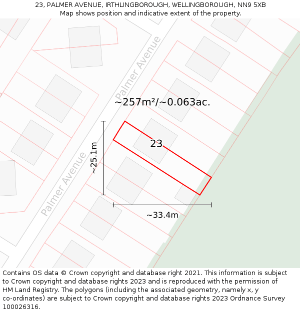 23, PALMER AVENUE, IRTHLINGBOROUGH, WELLINGBOROUGH, NN9 5XB: Plot and title map