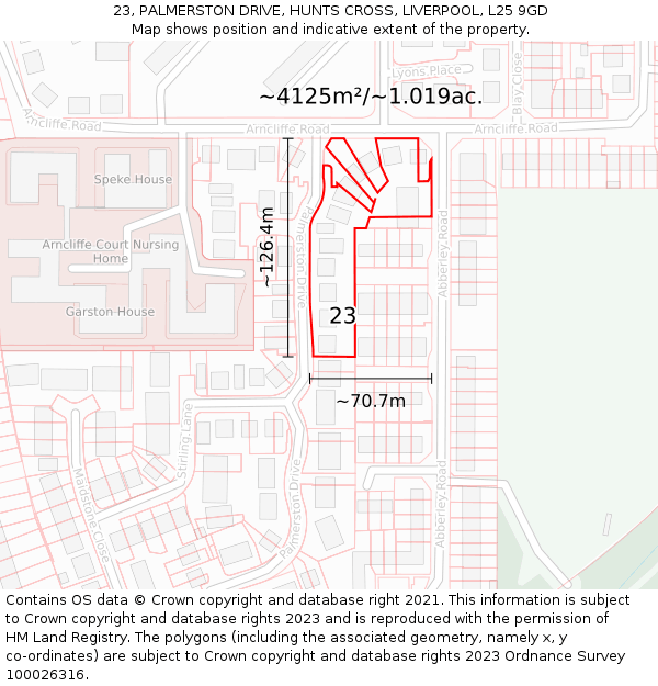 23, PALMERSTON DRIVE, HUNTS CROSS, LIVERPOOL, L25 9GD: Plot and title map