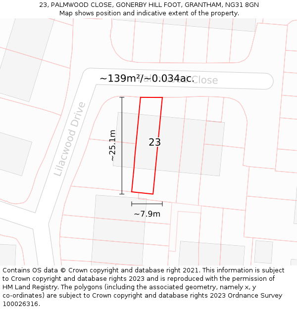 23, PALMWOOD CLOSE, GONERBY HILL FOOT, GRANTHAM, NG31 8GN: Plot and title map