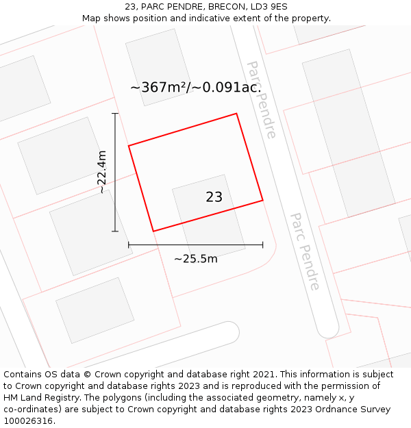 23, PARC PENDRE, BRECON, LD3 9ES: Plot and title map