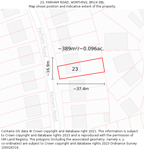 23, PARHAM ROAD, WORTHING, BN14 0BL: Plot and title map