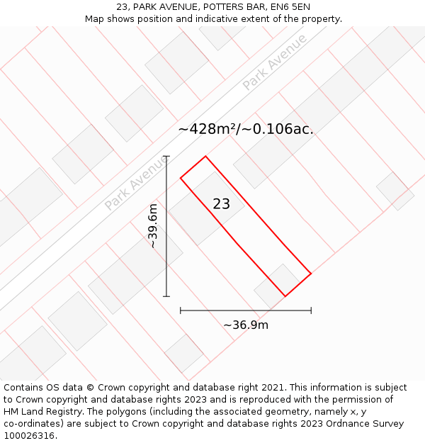 23, PARK AVENUE, POTTERS BAR, EN6 5EN: Plot and title map