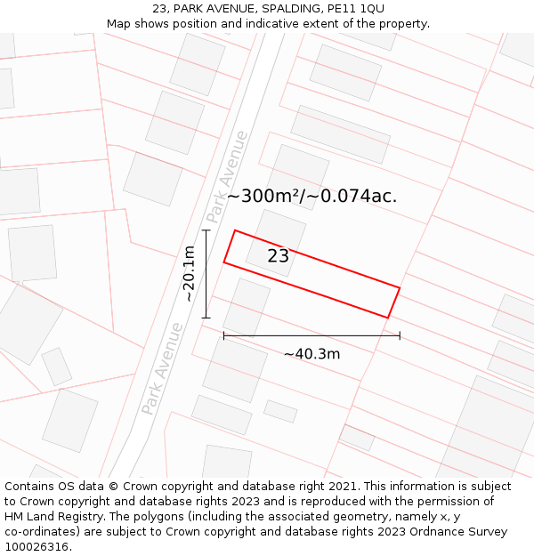 23, PARK AVENUE, SPALDING, PE11 1QU: Plot and title map