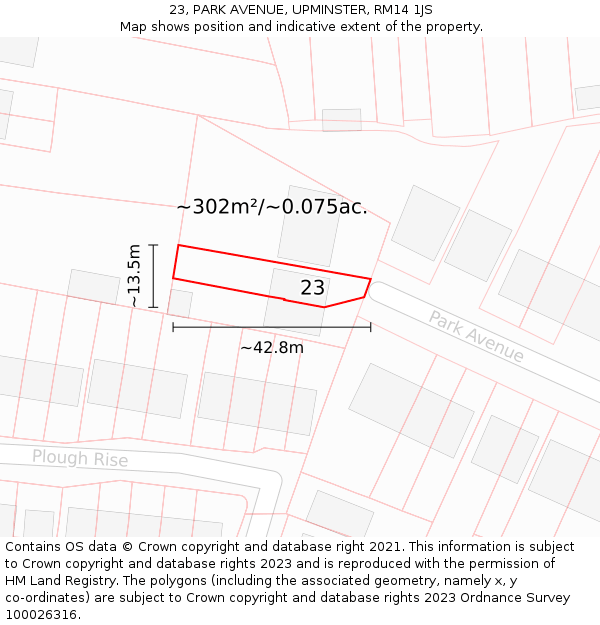 23, PARK AVENUE, UPMINSTER, RM14 1JS: Plot and title map