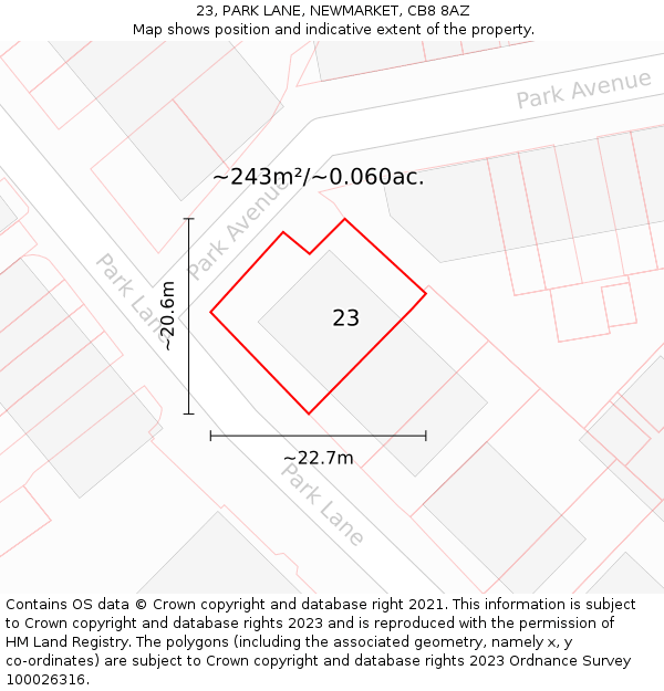 23, PARK LANE, NEWMARKET, CB8 8AZ: Plot and title map