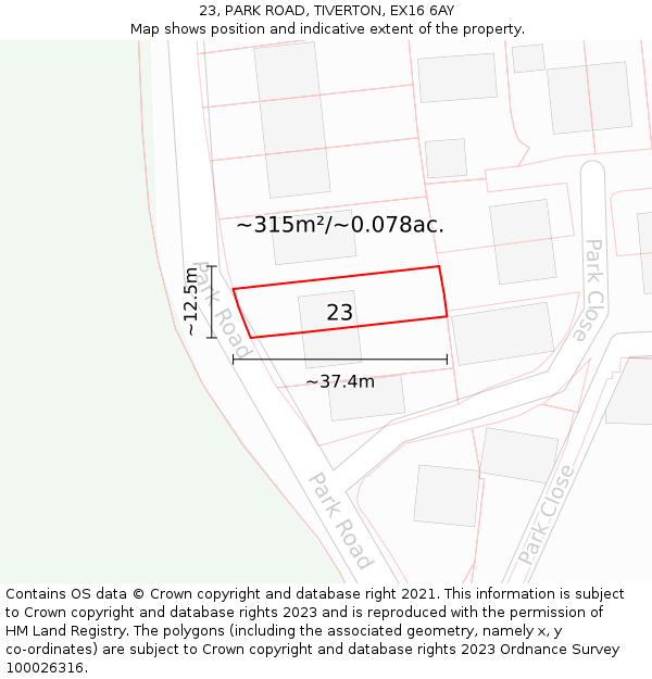 23, PARK ROAD, TIVERTON, EX16 6AY: Plot and title map