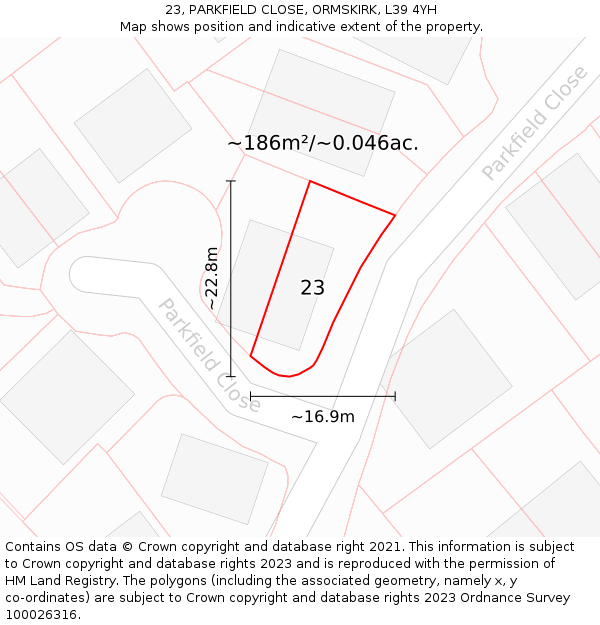 23, PARKFIELD CLOSE, ORMSKIRK, L39 4YH: Plot and title map