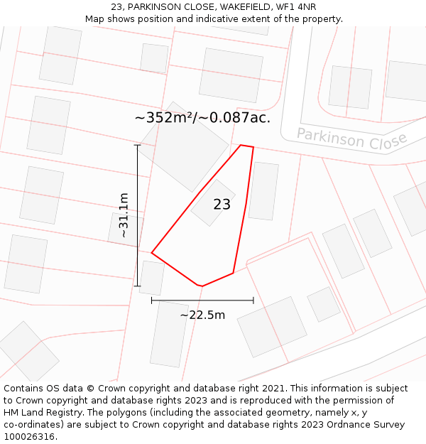 23, PARKINSON CLOSE, WAKEFIELD, WF1 4NR: Plot and title map