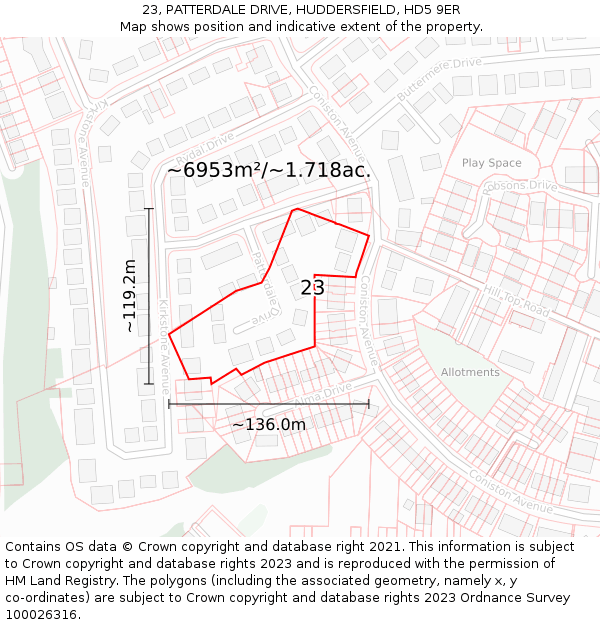 23, PATTERDALE DRIVE, HUDDERSFIELD, HD5 9ER: Plot and title map