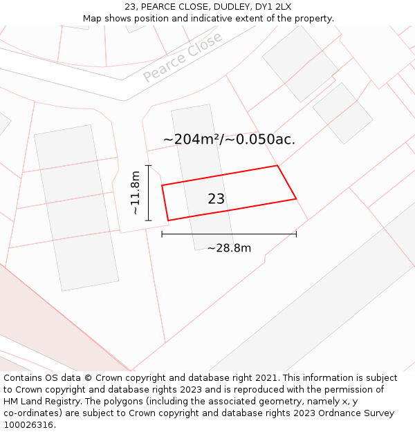 23, PEARCE CLOSE, DUDLEY, DY1 2LX: Plot and title map