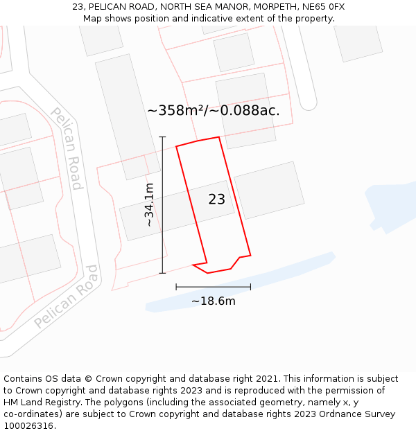 23, PELICAN ROAD, NORTH SEA MANOR, MORPETH, NE65 0FX: Plot and title map