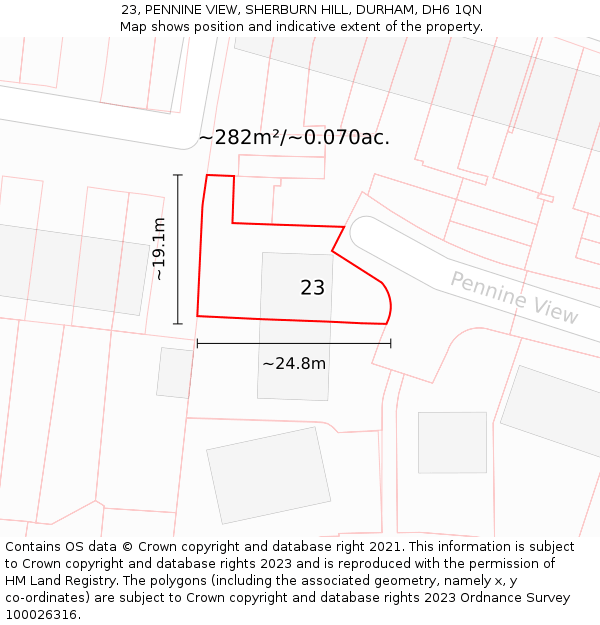 23, PENNINE VIEW, SHERBURN HILL, DURHAM, DH6 1QN: Plot and title map