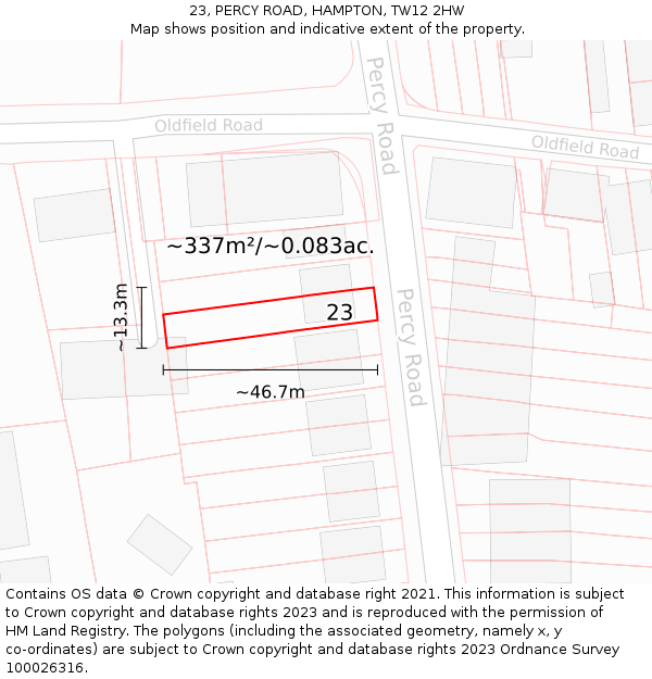 23, PERCY ROAD, HAMPTON, TW12 2HW: Plot and title map