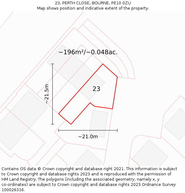 23, PERTH CLOSE, BOURNE, PE10 0ZU: Plot and title map