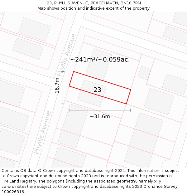 23, PHYLLIS AVENUE, PEACEHAVEN, BN10 7PN: Plot and title map