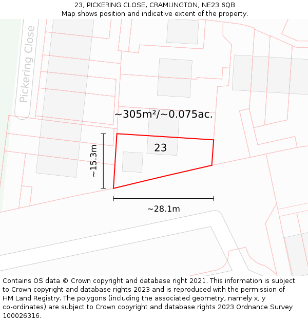 23, PICKERING CLOSE, CRAMLINGTON, NE23 6QB: Plot and title map