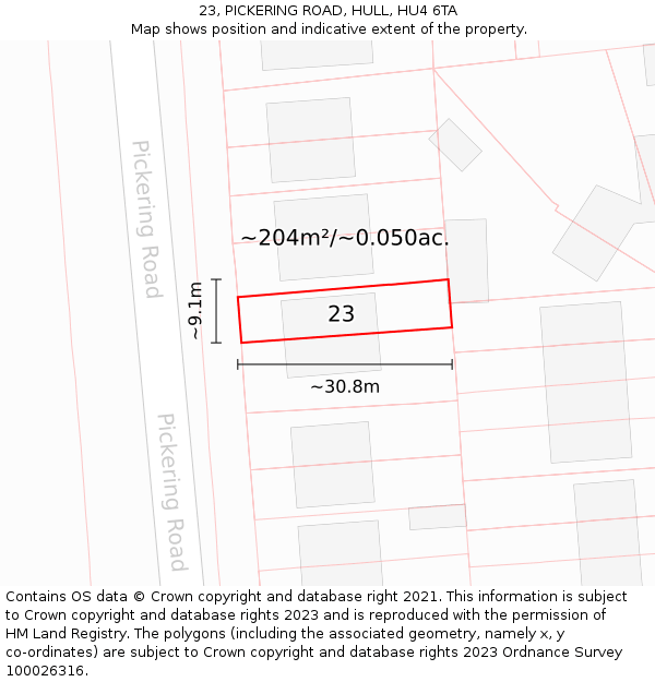 23, PICKERING ROAD, HULL, HU4 6TA: Plot and title map