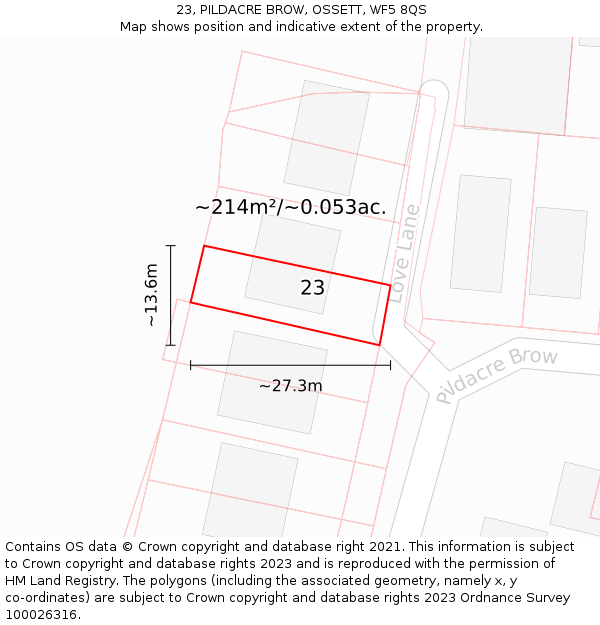 23, PILDACRE BROW, OSSETT, WF5 8QS: Plot and title map