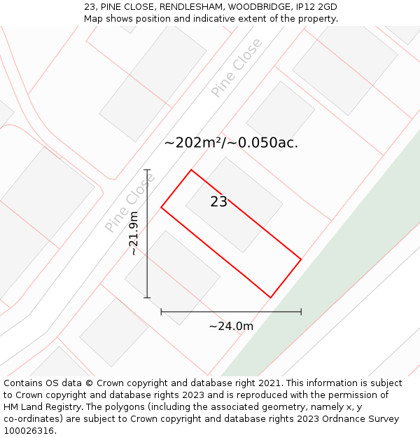 23, PINE CLOSE, RENDLESHAM, WOODBRIDGE, IP12 2GD: Plot and title map