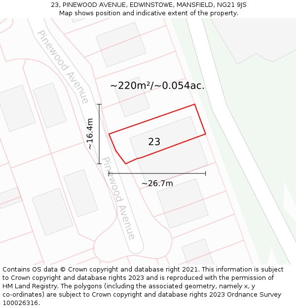 23, PINEWOOD AVENUE, EDWINSTOWE, MANSFIELD, NG21 9JS: Plot and title map