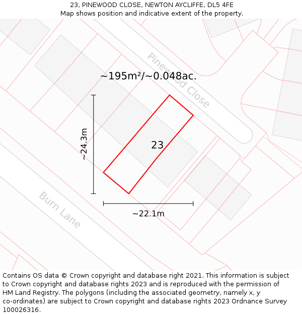 23, PINEWOOD CLOSE, NEWTON AYCLIFFE, DL5 4FE: Plot and title map
