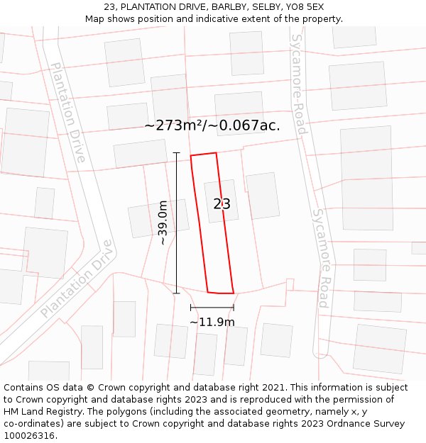 23, PLANTATION DRIVE, BARLBY, SELBY, YO8 5EX: Plot and title map