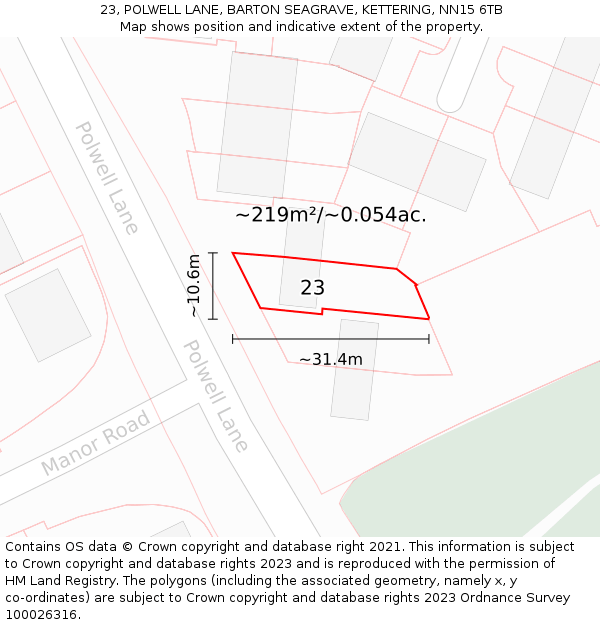 23, POLWELL LANE, BARTON SEAGRAVE, KETTERING, NN15 6TB: Plot and title map