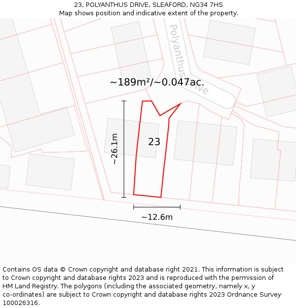 23, POLYANTHUS DRIVE, SLEAFORD, NG34 7HS: Plot and title map