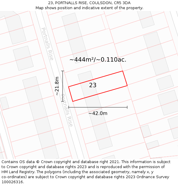 23, PORTNALLS RISE, COULSDON, CR5 3DA: Plot and title map