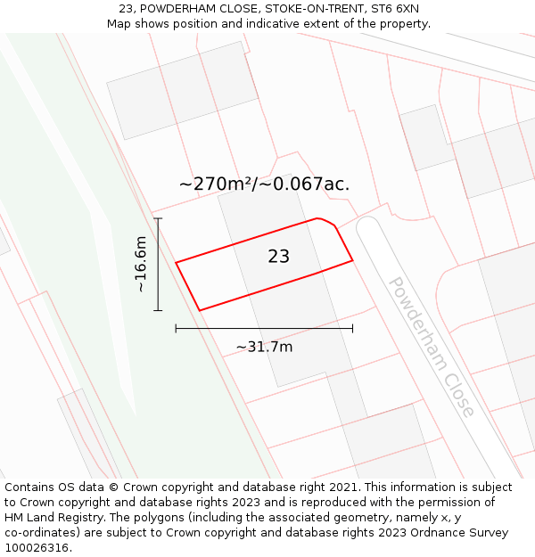 23, POWDERHAM CLOSE, STOKE-ON-TRENT, ST6 6XN: Plot and title map