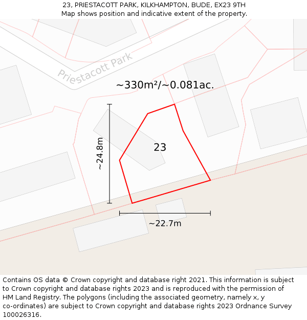 23, PRIESTACOTT PARK, KILKHAMPTON, BUDE, EX23 9TH: Plot and title map