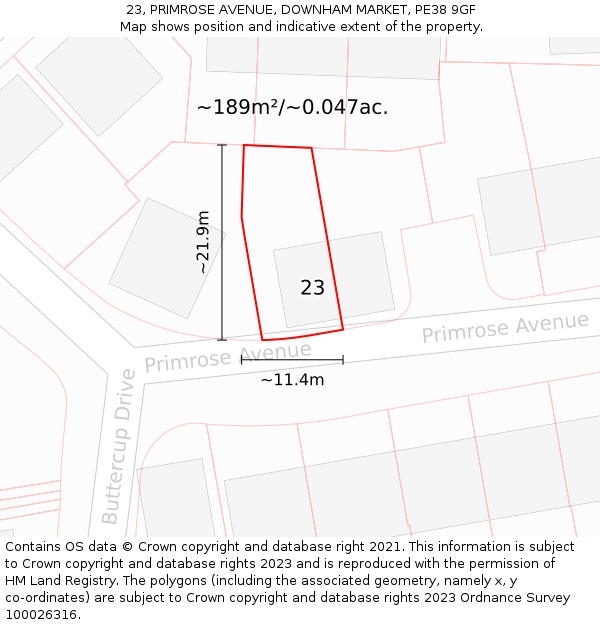 23, PRIMROSE AVENUE, DOWNHAM MARKET, PE38 9GF: Plot and title map