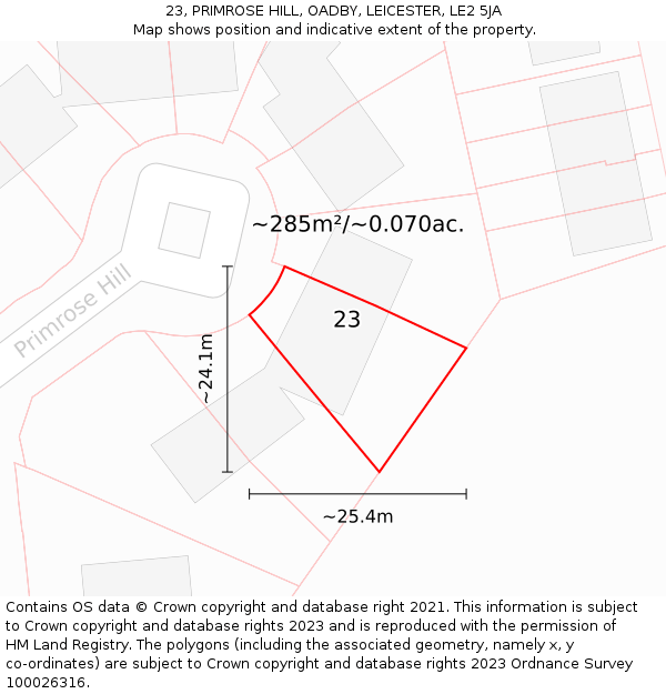 23, PRIMROSE HILL, OADBY, LEICESTER, LE2 5JA: Plot and title map