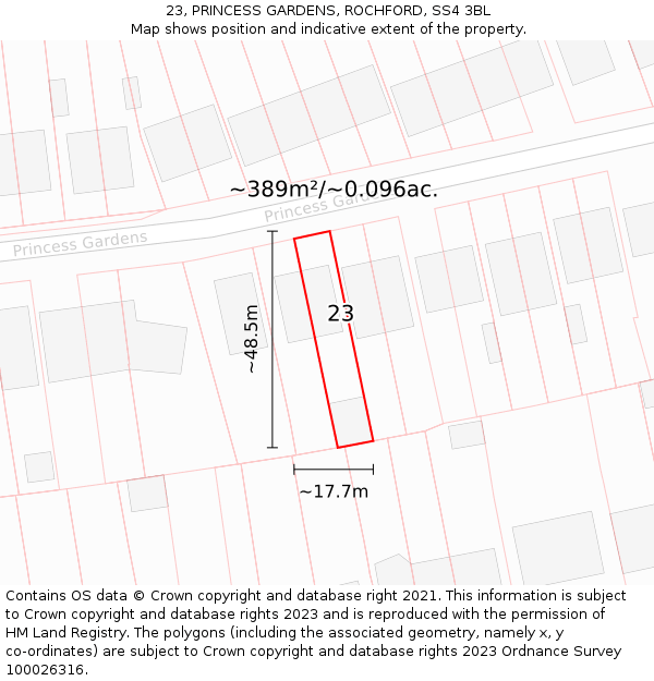 23, PRINCESS GARDENS, ROCHFORD, SS4 3BL: Plot and title map