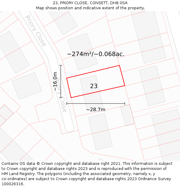 23, PRIORY CLOSE, CONSETT, DH8 0SA: Plot and title map